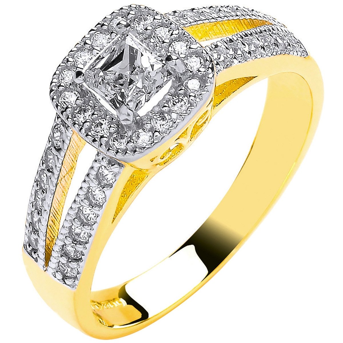 9ct Yellow Gold Princess Cut CZ Split Shank Ring - Samuel Perry