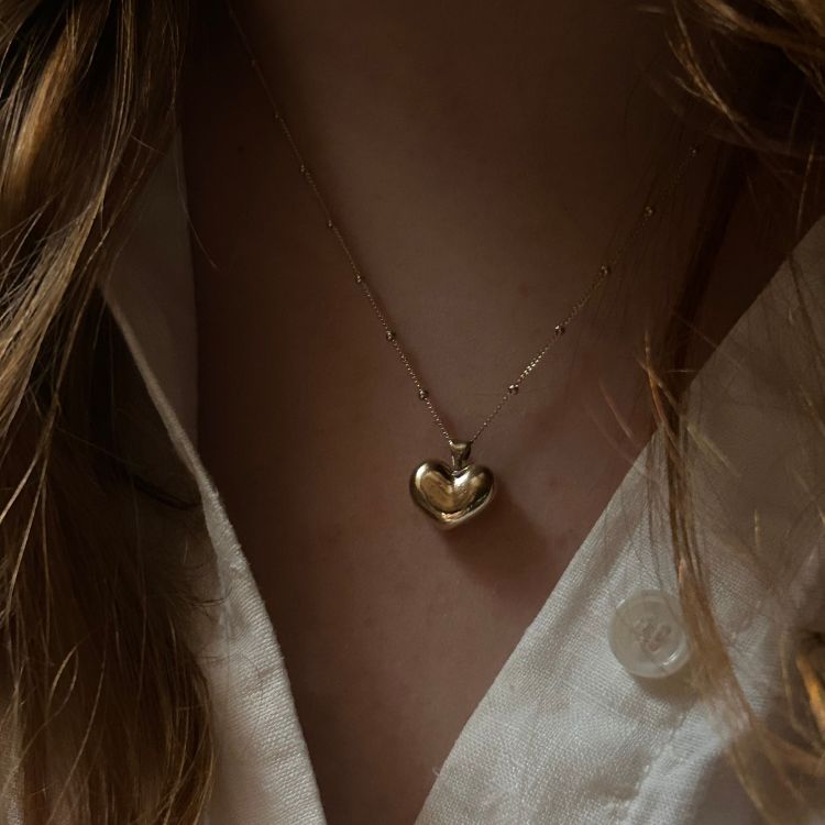 9ct Yellow Gold Puffy Heart pendant and 9ct satellite chain. - Samuel Perry