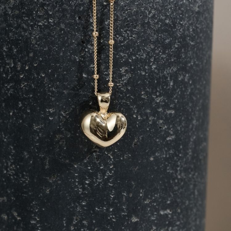 9ct Yellow Gold Puffy Heart pendant and 9ct satellite chain. - Samuel Perry