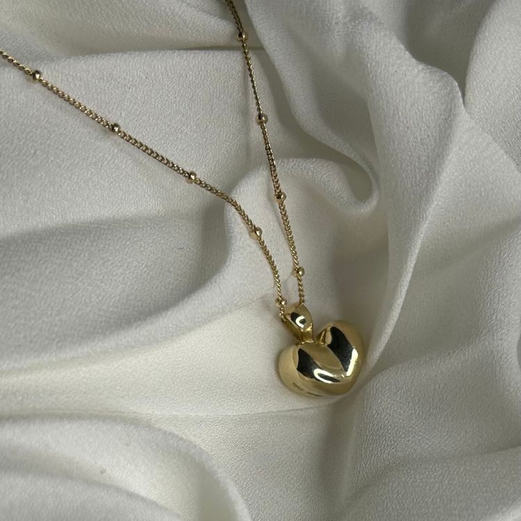 9ct Yellow Gold Puffy Heart pendant and 9ct satellite chain. - Samuel Perry
