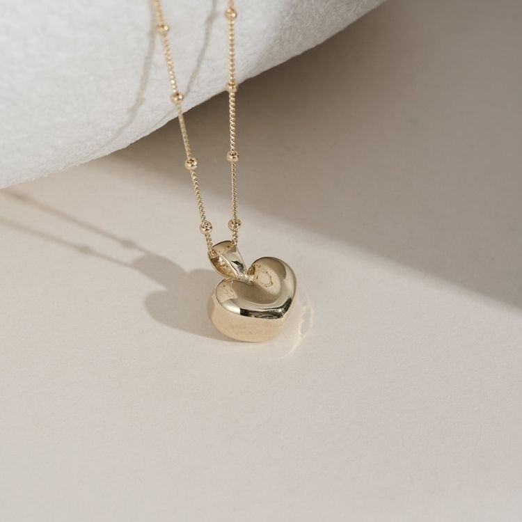 9ct Yellow Gold Puffy Heart pendant and 9ct satellite chain. - Samuel Perry