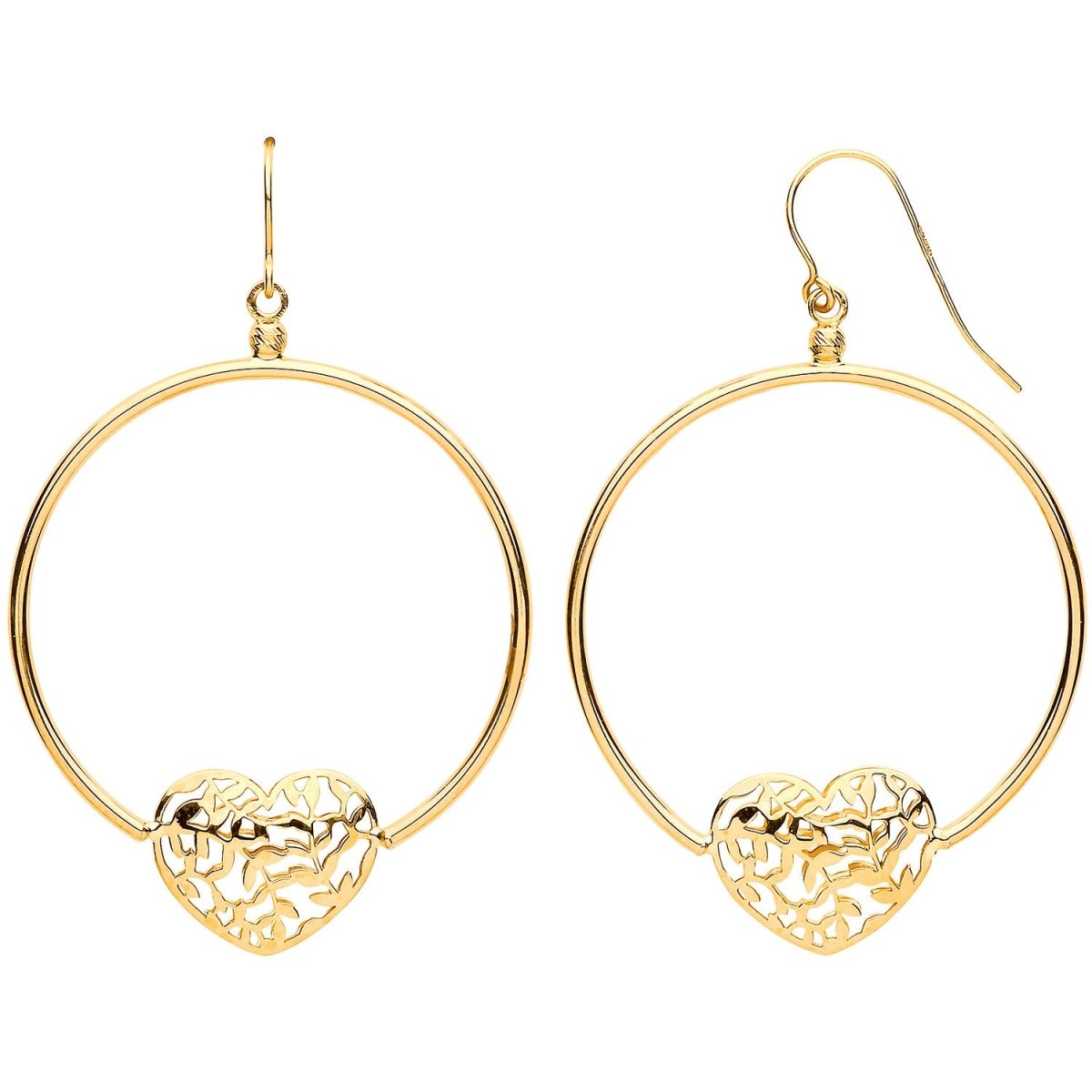 9ct Yellow Gold Round Tube Filigree Heart Hook Earrings - Samuel Perry