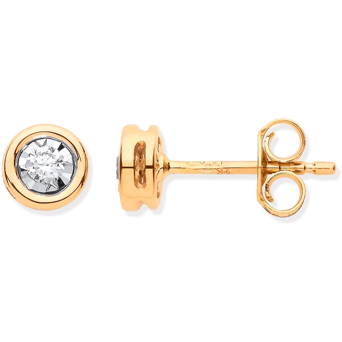 9ct Yellow Gold Rub - Over Illusion Set 0.10ctw Diamond Studs - Samuel Perry