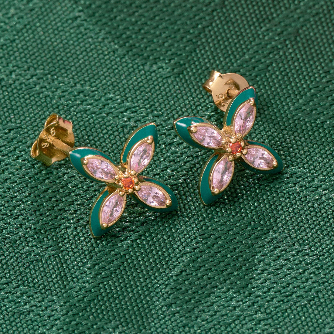 Clover Emerald Enamel, Blush, Orange CZ And Gold Studs