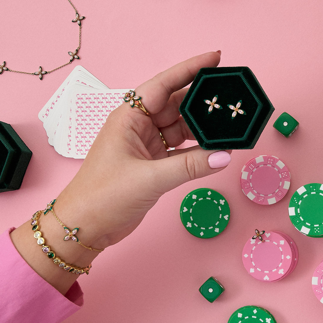 Clover Emerald Enamel, Blush, Orange CZ And Gold Studs