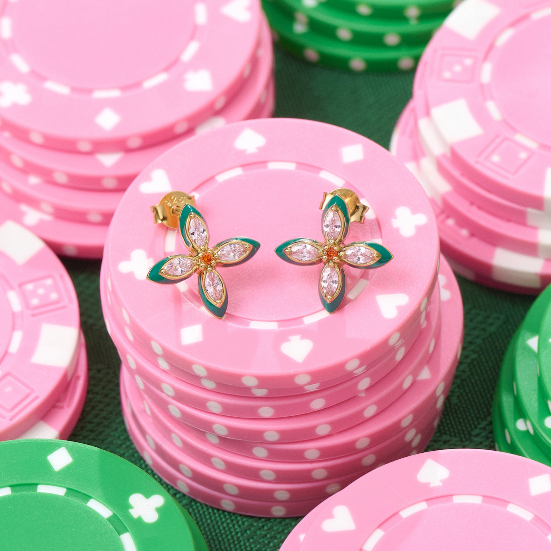Clover Emerald Enamel, Blush, Orange CZ And Gold Studs