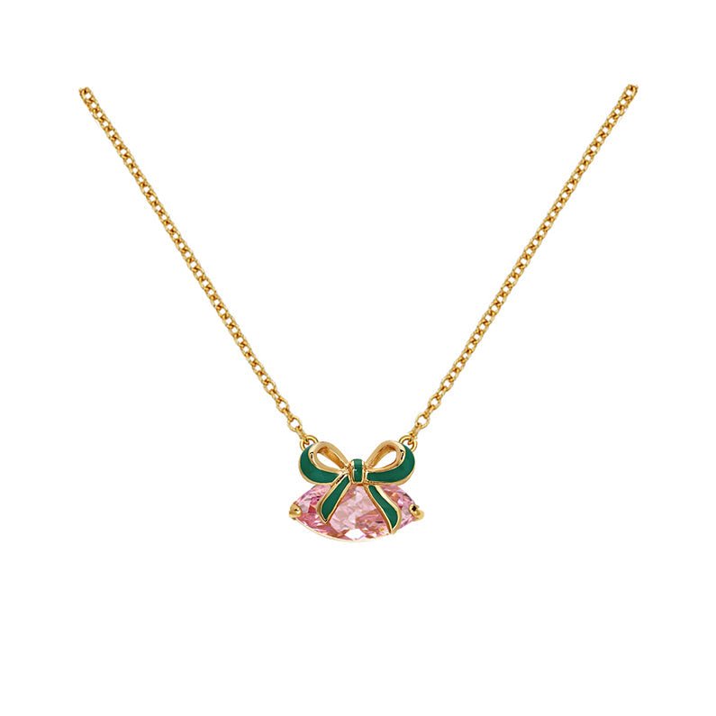 Amelia Bow Necklace Emerald Green Enamel, Blush Pink CZ and Gold - Samuel Perry