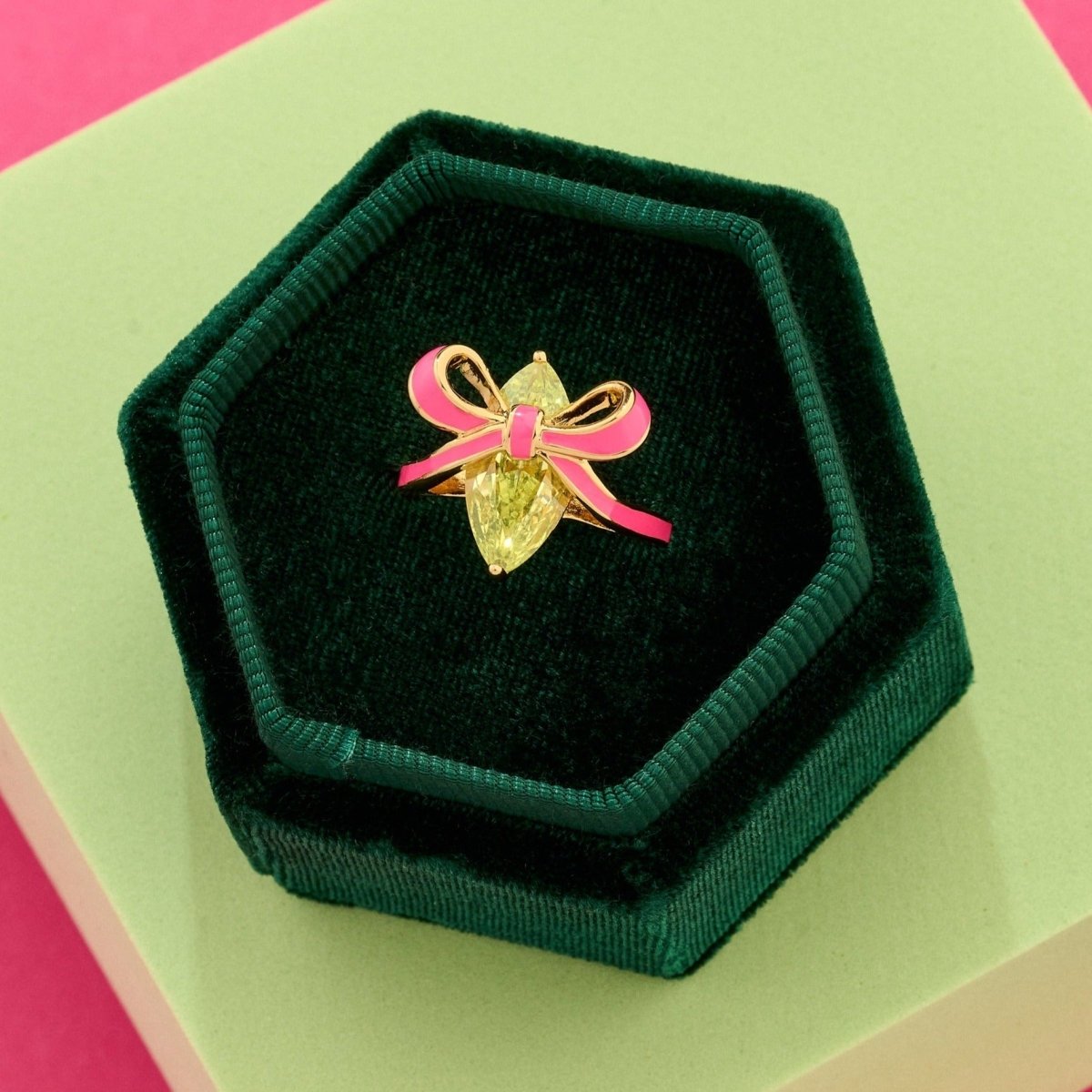 Amelia Bow Ring Bright Pink Enamel & Lime CZ - Samuel Perry