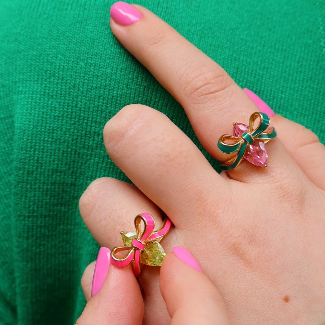 Amelia Bow Ring Bright Pink Enamel & Lime CZ - Samuel Perry
