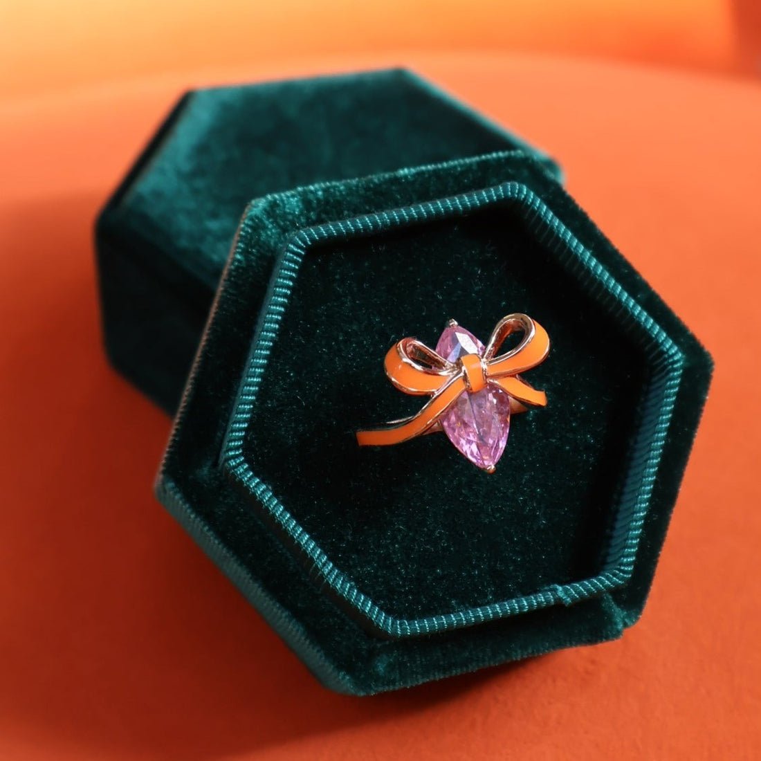 Amelia Bow Ring Coral Enamel, Pink CZ, Gold - Samuel Perry
