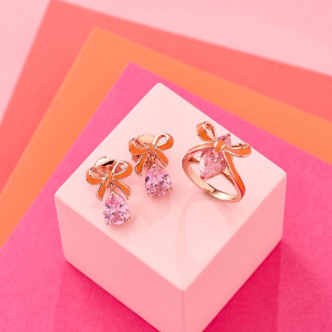 Amelia Bow Ring Coral Enamel, Pink CZ, Gold - Samuel Perry
