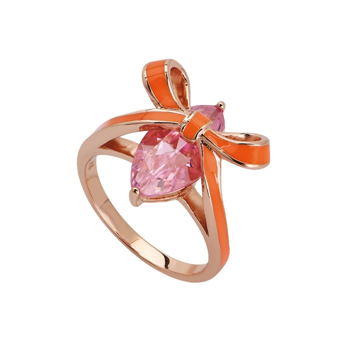 Amelia Bow Ring Coral Enamel, Pink CZ, Gold - Samuel Perry