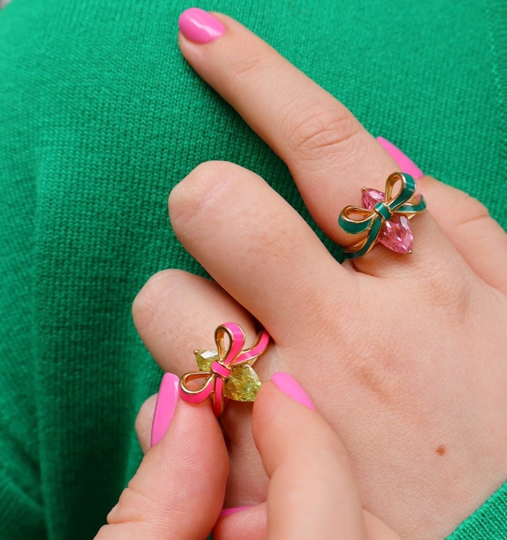 Amelia Bow Ring Emerald Green Enamel, Pink CZ Gold - Samuel Perry