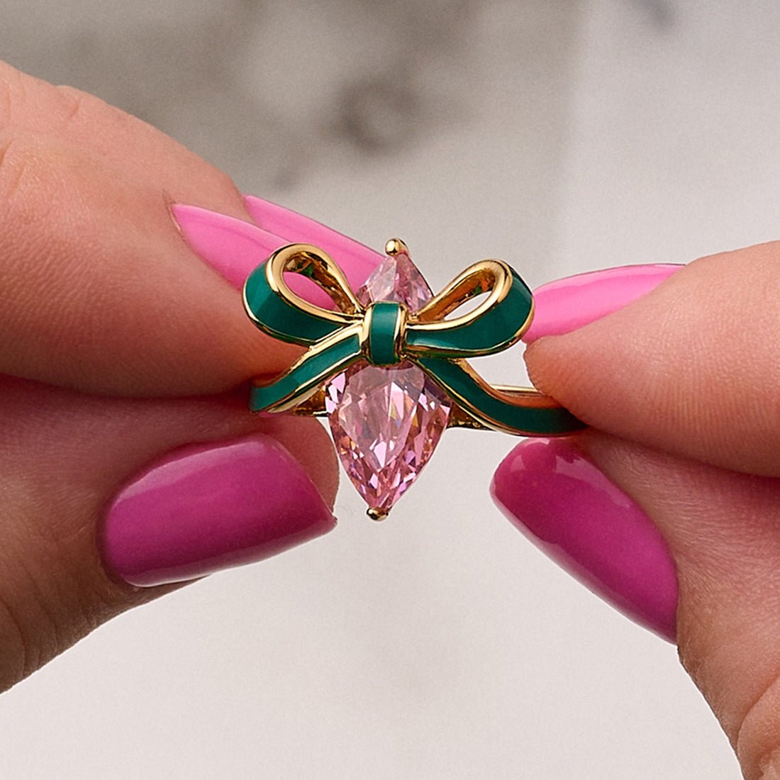 Amelia Bow Ring Emerald Green Enamel, Pink CZ Gold - Samuel Perry