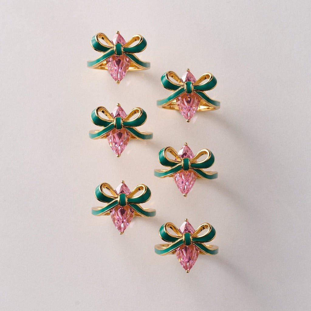 Amelia Bow Ring Emerald Green Enamel, Pink CZ Gold - Samuel Perry