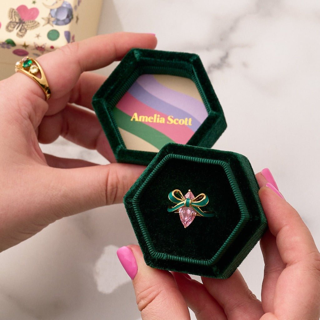 Amelia Bow Ring Emerald Green Enamel, Pink CZ Gold - Samuel Perry