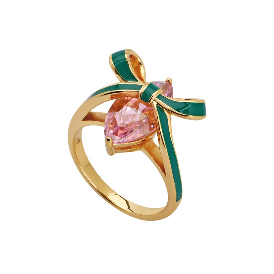 Amelia Bow Ring Emerald Green Enamel, Pink CZ Gold - Samuel Perry