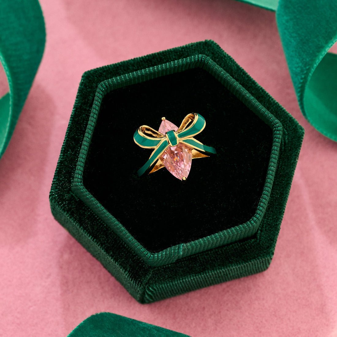 Amelia Bow Ring Emerald Green Enamel, Pink CZ Gold - Samuel Perry