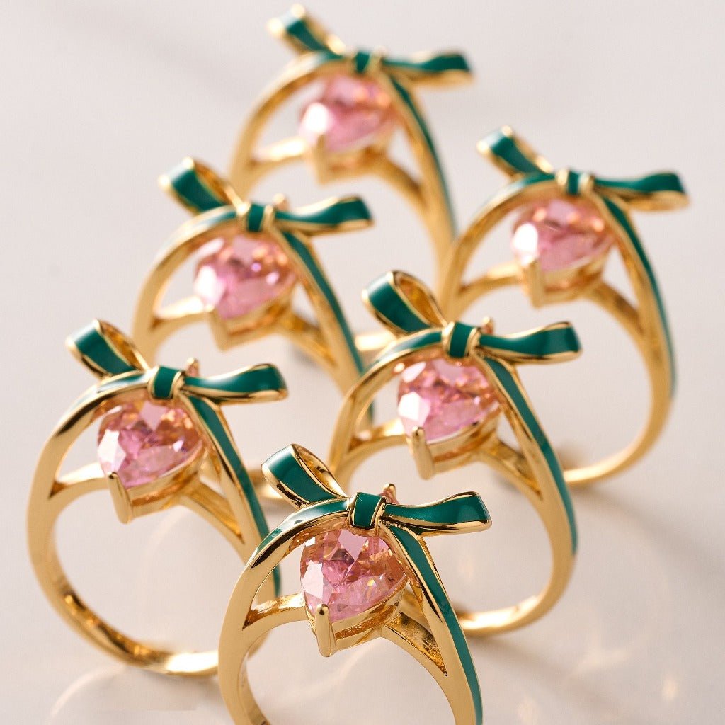 Amelia Bow Ring Emerald Green Enamel, Pink CZ Gold - Samuel Perry