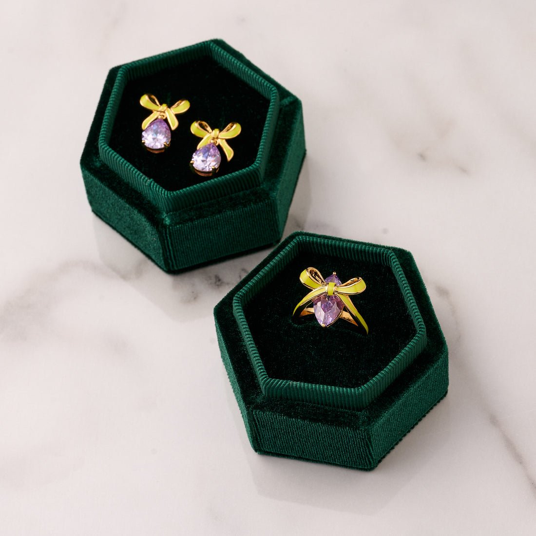 Amelia Bow Ring Lime Enamel, Lilac CZ and Gold - Samuel Perry