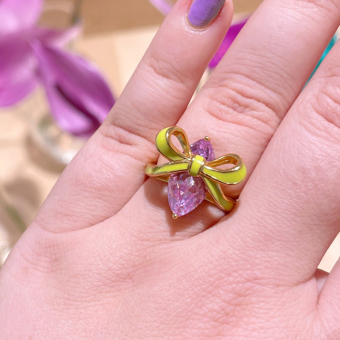 Amelia Bow Ring Lime Enamel, Lilac CZ and Gold - Samuel Perry