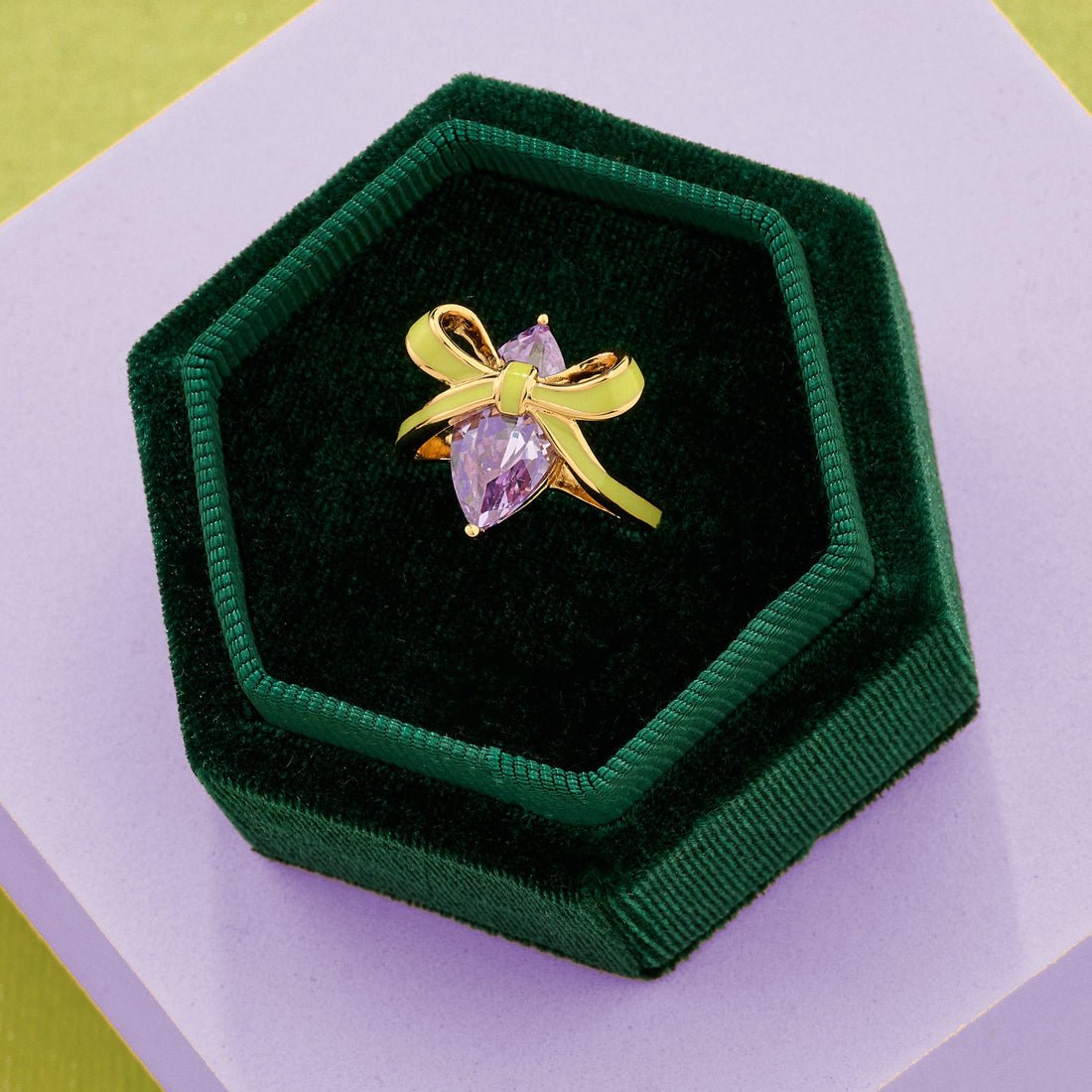 Amelia Bow Ring Lime Enamel, Lilac CZ and Gold - Samuel Perry