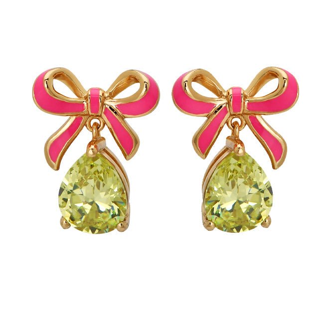 Amelia Bow Studs Bright Pink Enamel, Lime CZ Teardrop Gold - Samuel Perry