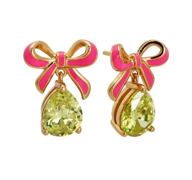 Amelia Bow Studs Bright Pink Enamel, Lime CZ Teardrop Gold - Samuel Perry