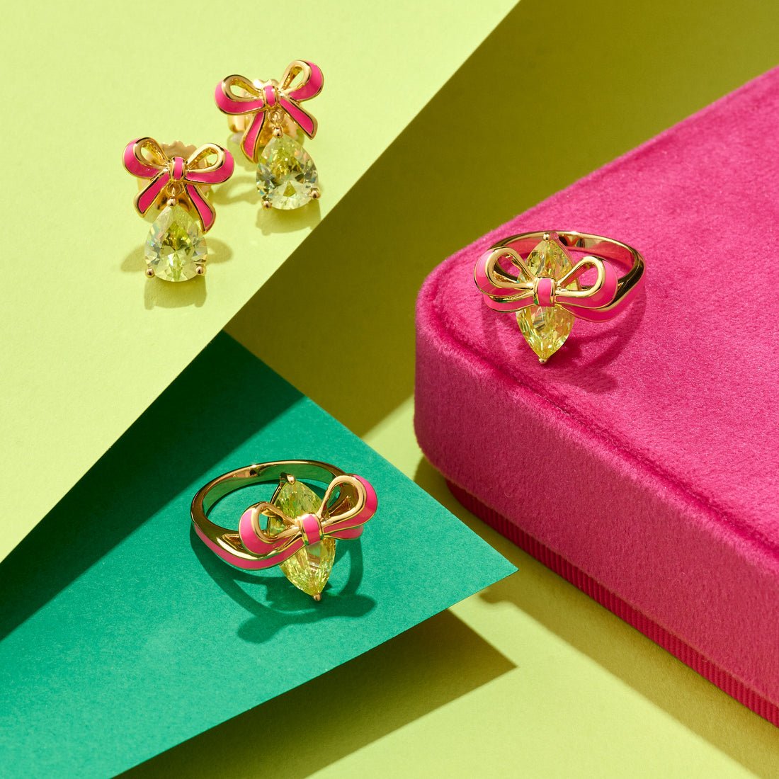 Amelia Bow Studs Bright Pink Enamel, Lime CZ Teardrop Gold - Samuel Perry