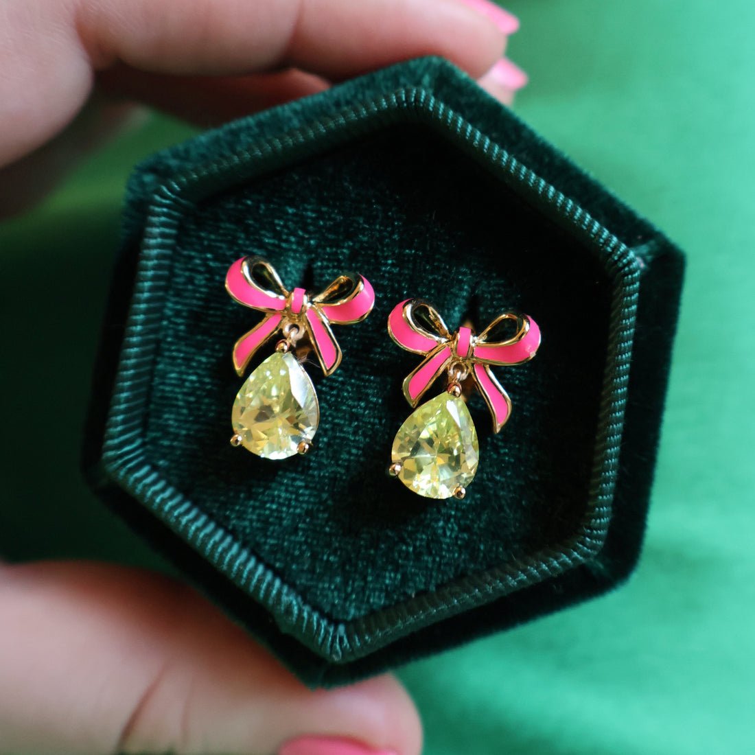 Amelia Bow Studs Bright Pink Enamel, Lime CZ Teardrop Gold - Samuel Perry