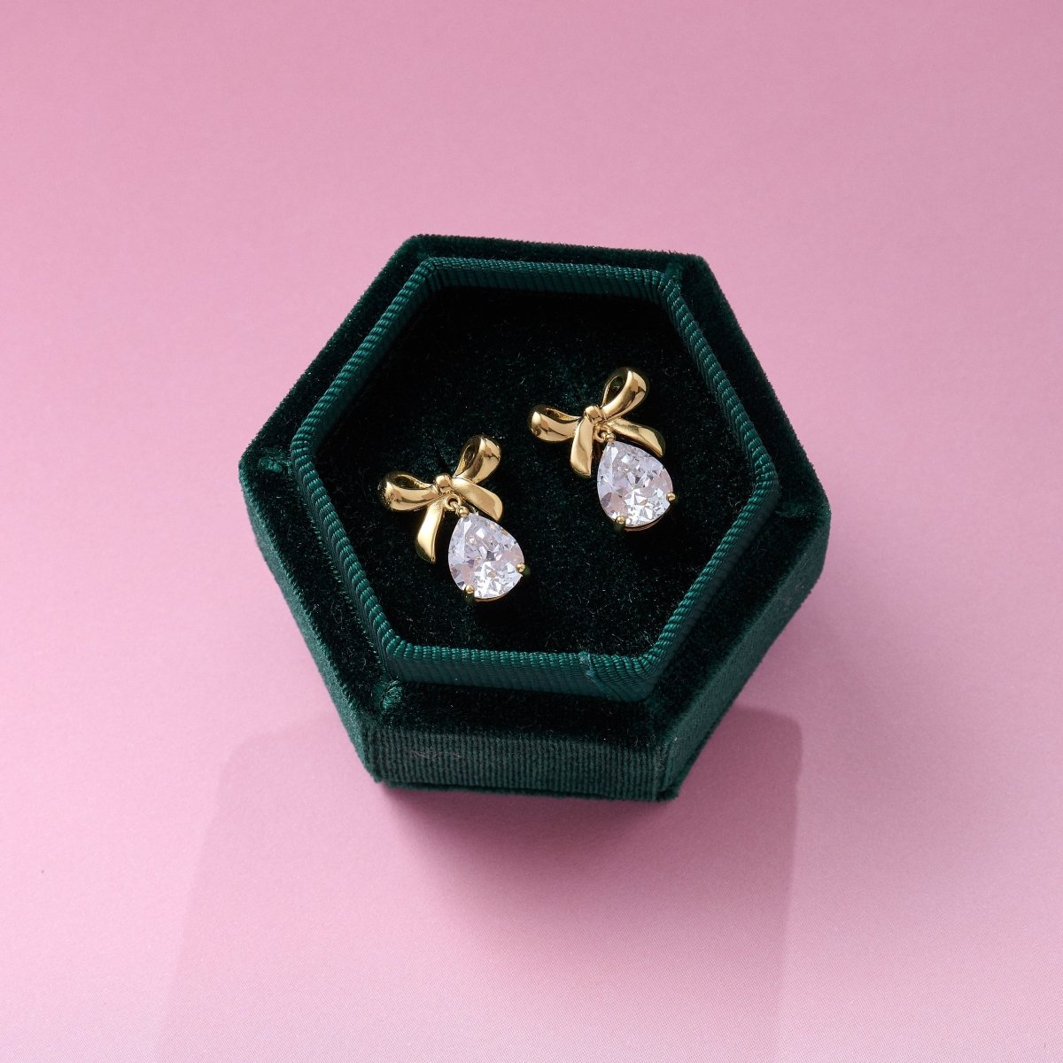 Amelia Bow Studs Clear CZ Teardrop and Gold - Samuel Perry