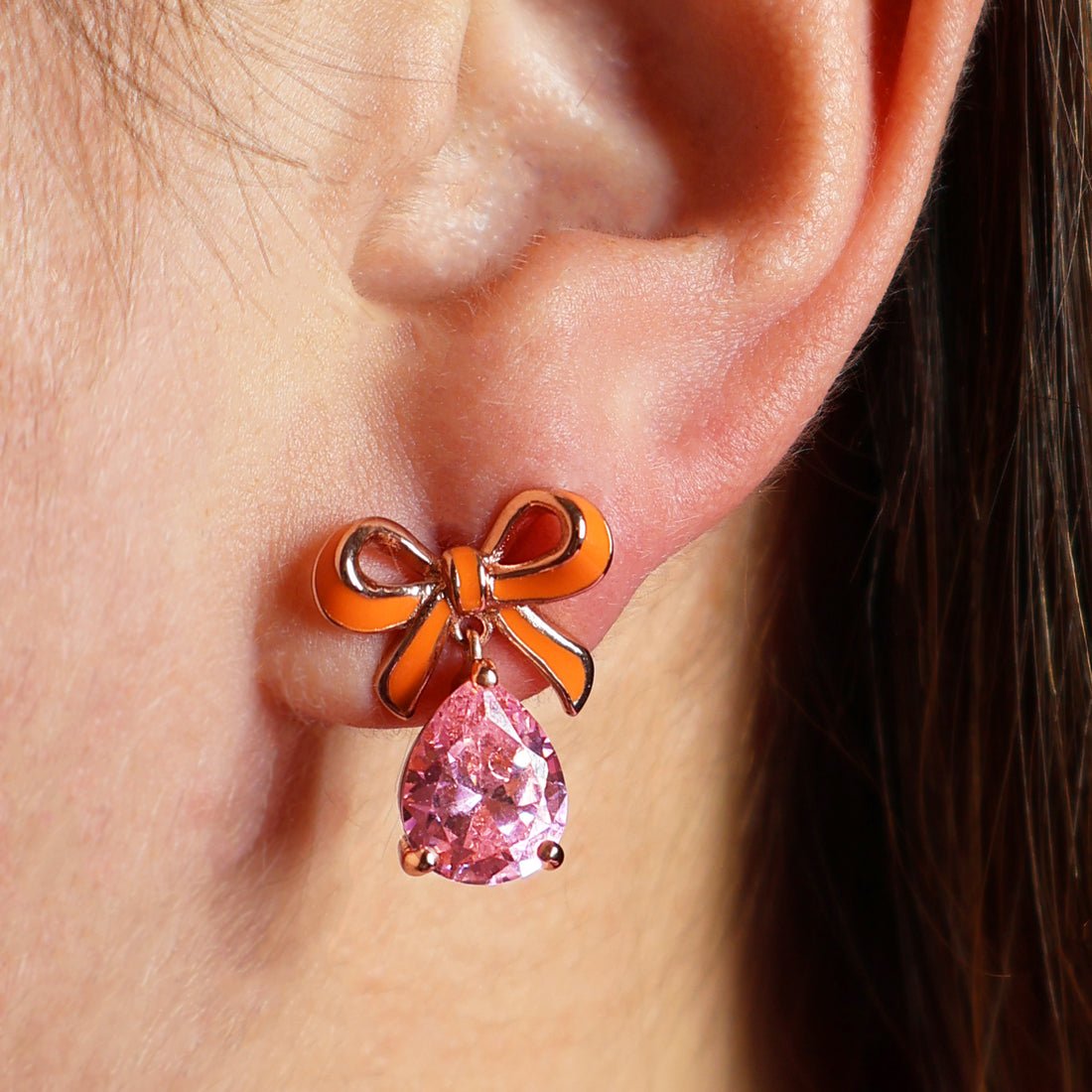 Amelia Bow Studs Coral Enamel, Pink CZ Teardrop Rose Gold - Samuel Perry