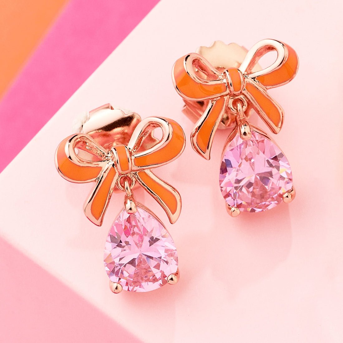 Amelia Bow Studs Coral Enamel, Pink CZ Teardrop Rose Gold - Samuel Perry