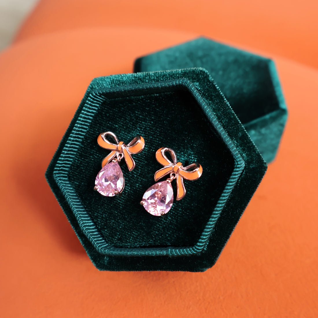 Amelia Bow Studs Coral Enamel, Pink CZ Teardrop Rose Gold - Samuel Perry