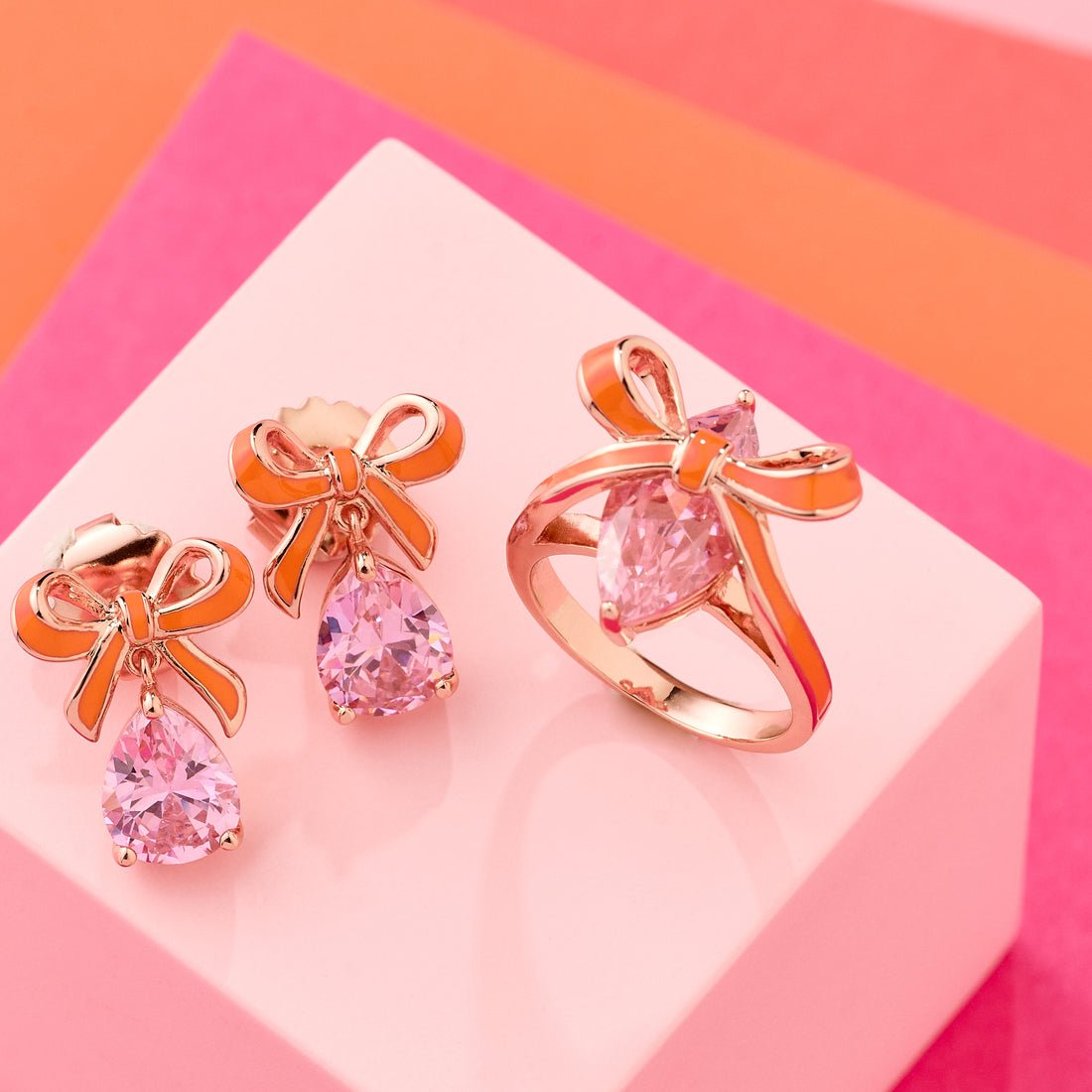 Amelia Bow Studs Coral Enamel, Pink CZ Teardrop Rose Gold - Samuel Perry