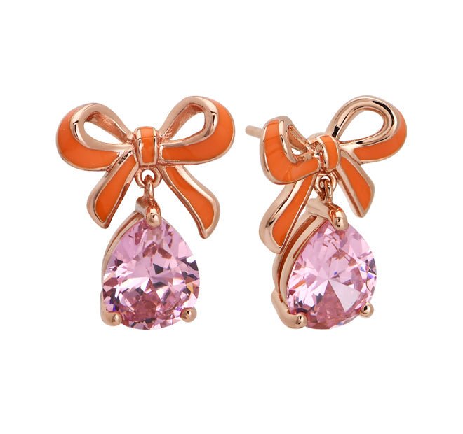 Amelia Bow Studs Coral Enamel, Pink CZ Teardrop Rose Gold - Samuel Perry
