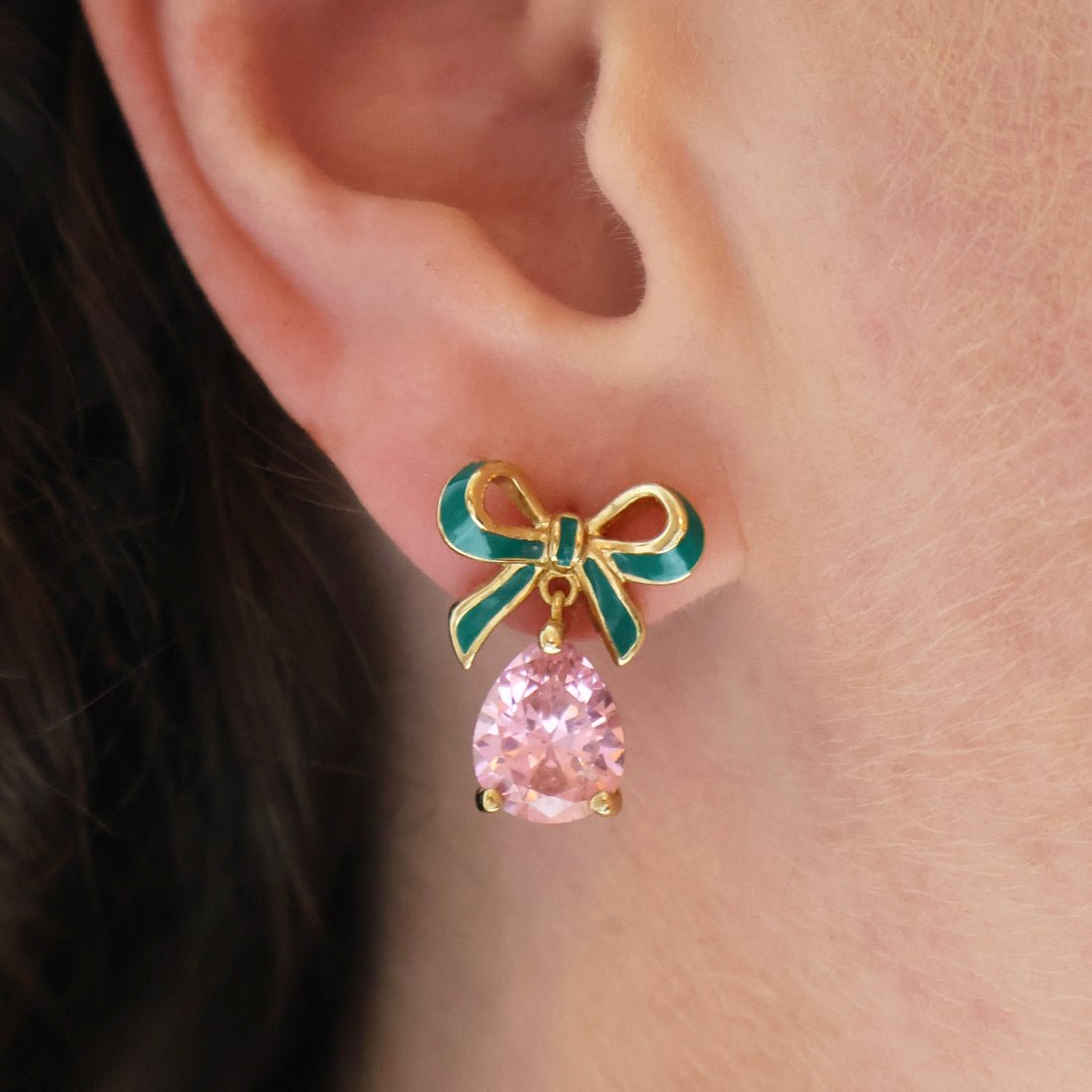 Amelia Bow Studs Emerald Green Enamel, Pink CZ Teardrop Gold - Samuel Perry