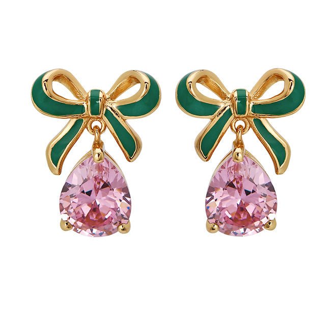 Amelia Bow Studs Emerald Green Enamel, Pink CZ Teardrop Gold - Samuel Perry