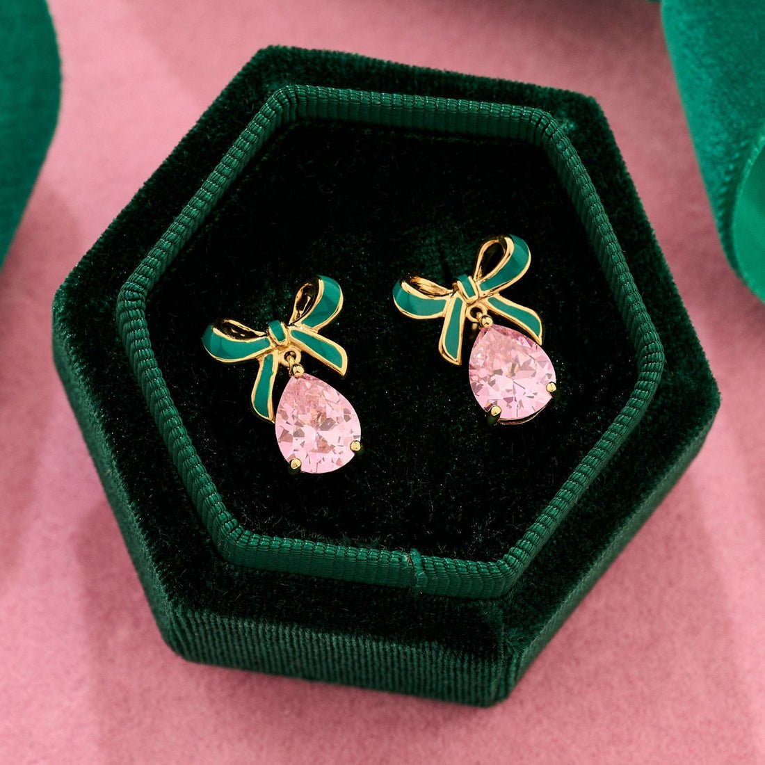 Amelia Bow Studs Emerald Green Enamel, Pink CZ Teardrop Gold - Samuel Perry