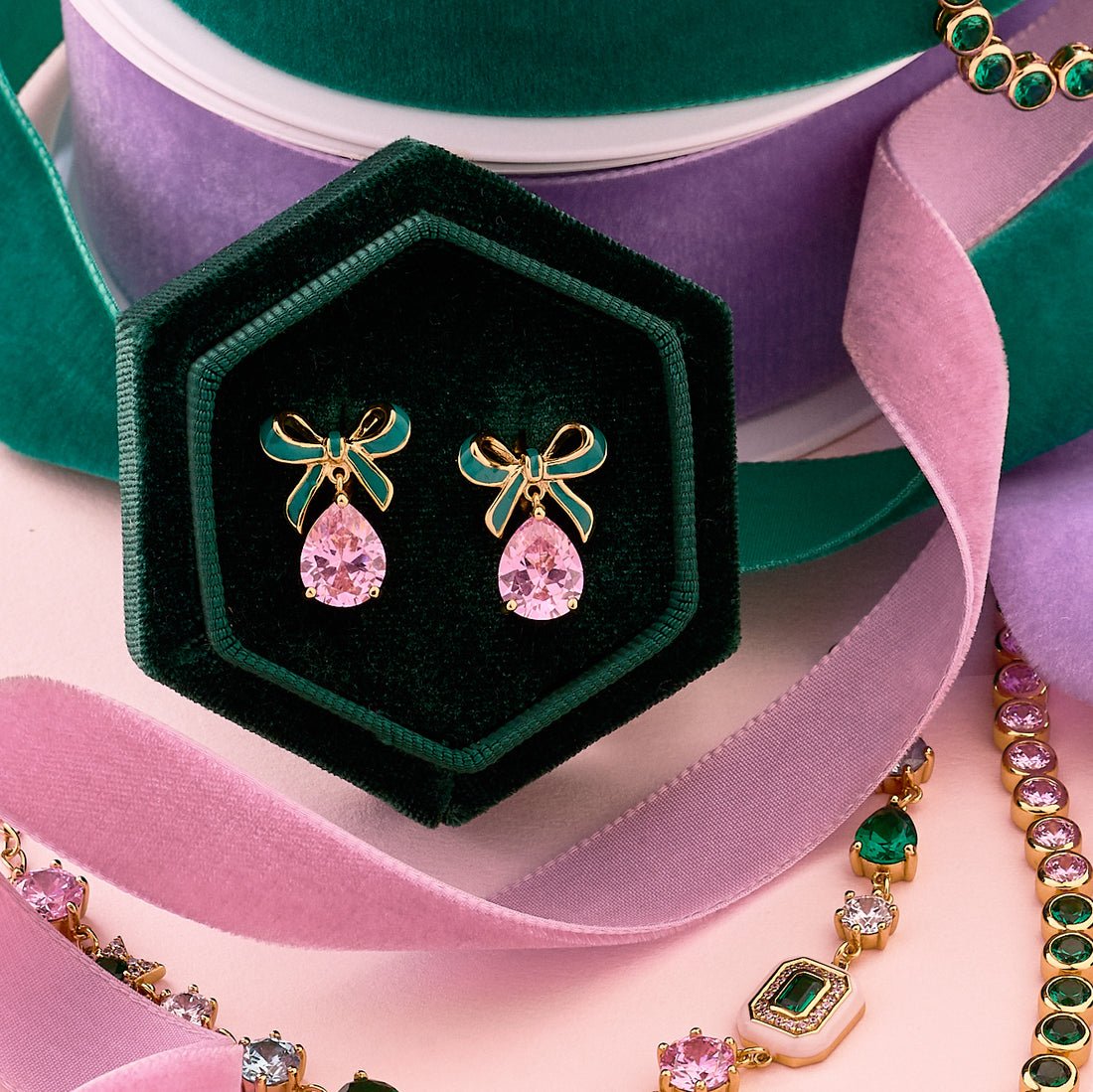 Amelia Bow Studs Emerald Green Enamel, Pink CZ Teardrop Gold - Samuel Perry