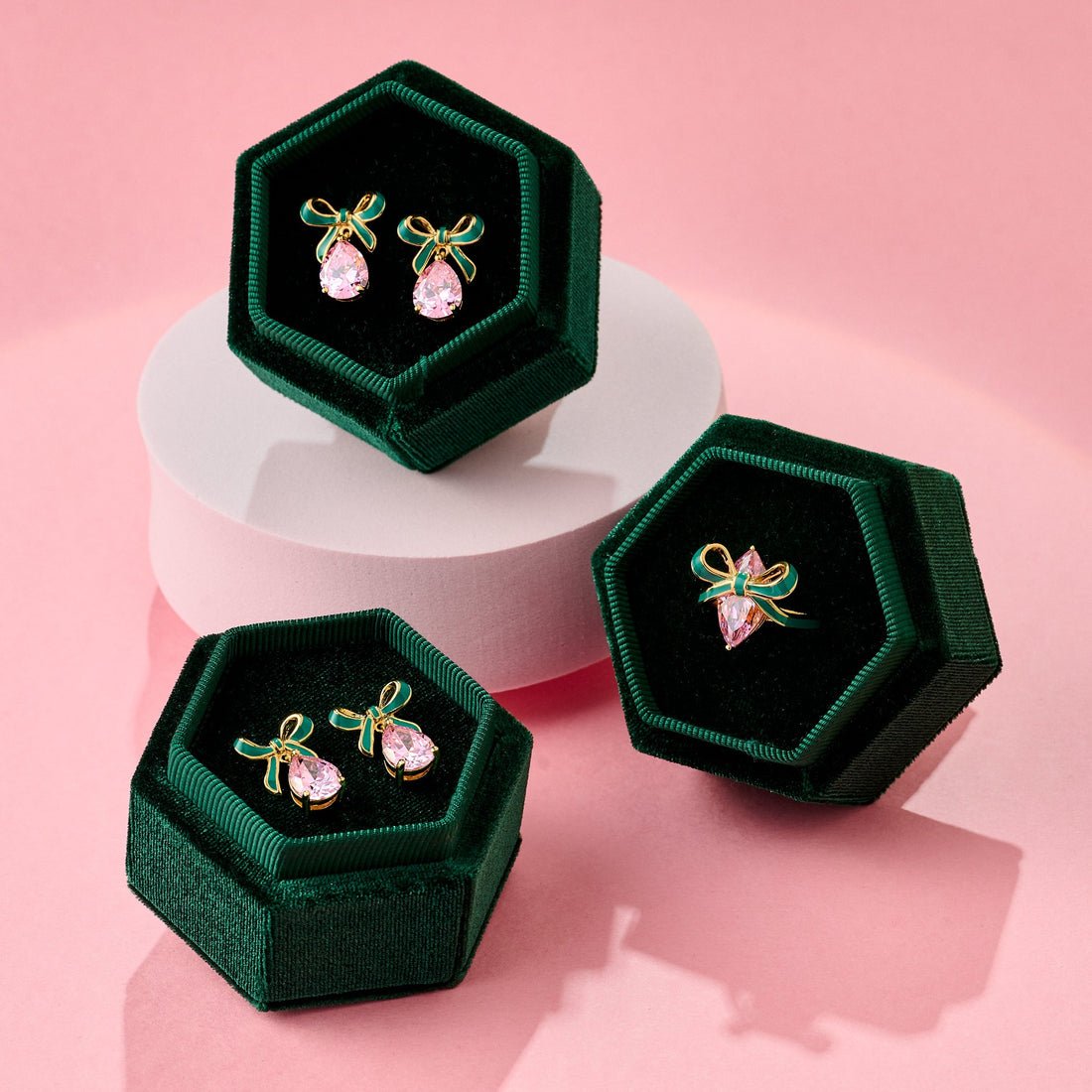 Amelia Bow Studs Emerald Green Enamel, Pink CZ Teardrop Gold - Samuel Perry