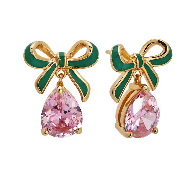 Amelia Bow Studs Emerald Green Enamel, Pink CZ Teardrop Gold - Samuel Perry