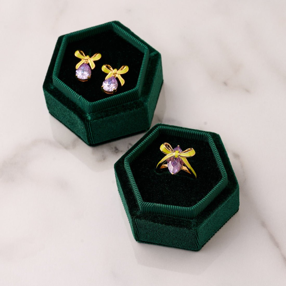 Amelia Bow Studs Lime Enamel, Lilac CZ Teardrop Gold - Samuel Perry