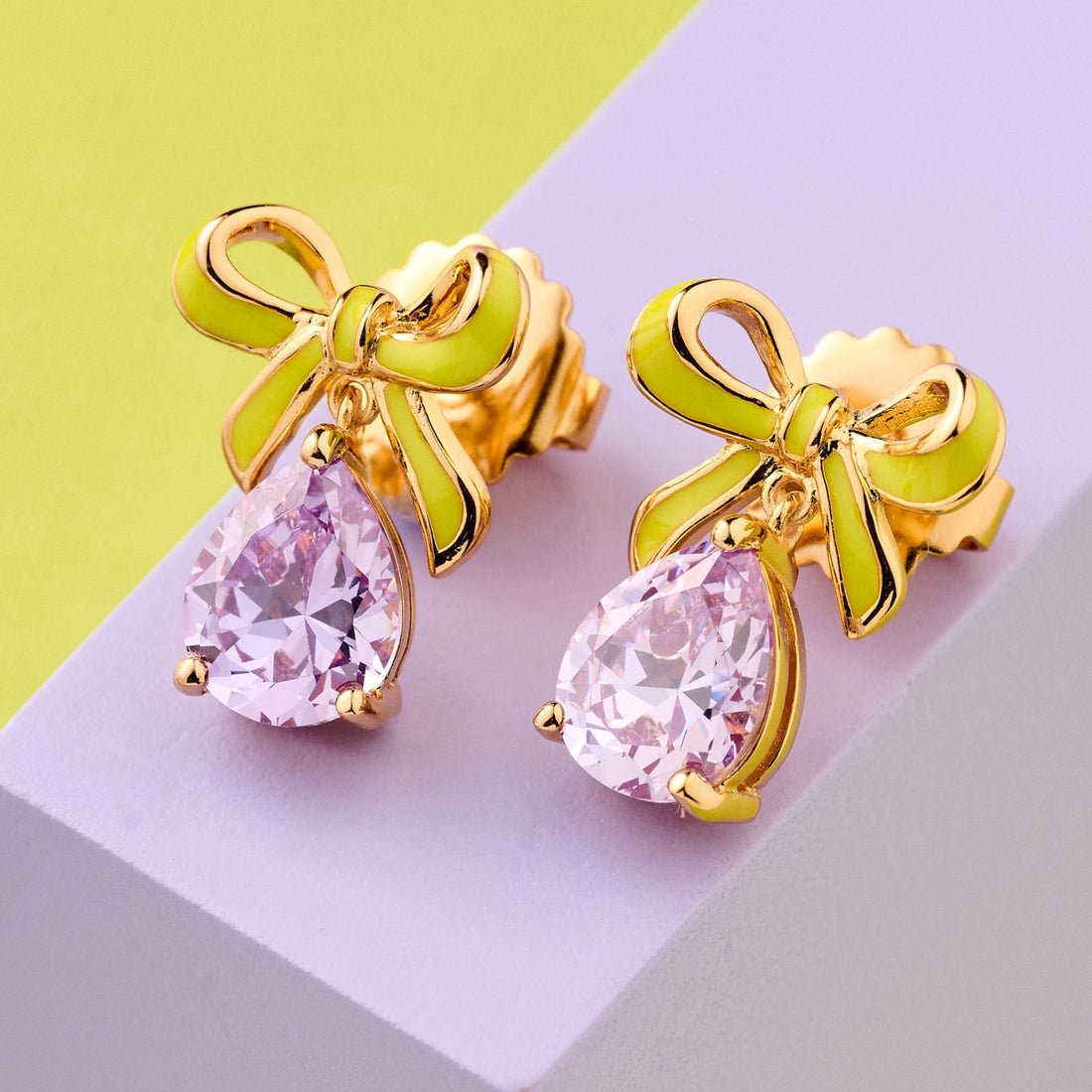 Amelia Bow Studs Lime Enamel, Lilac CZ Teardrop Gold - Samuel Perry