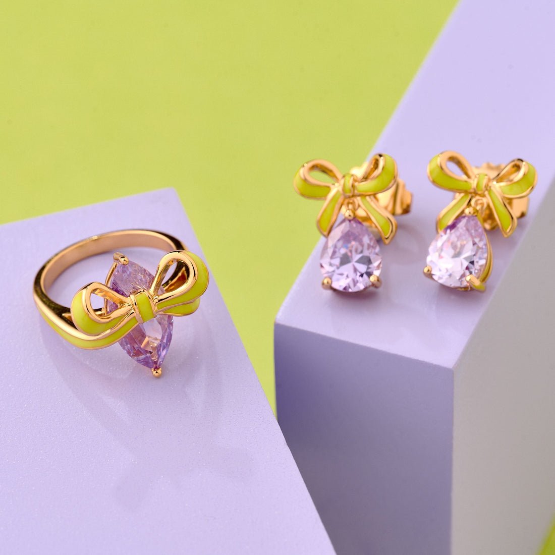 Amelia Bow Studs Lime Enamel, Lilac CZ Teardrop Gold - Samuel Perry