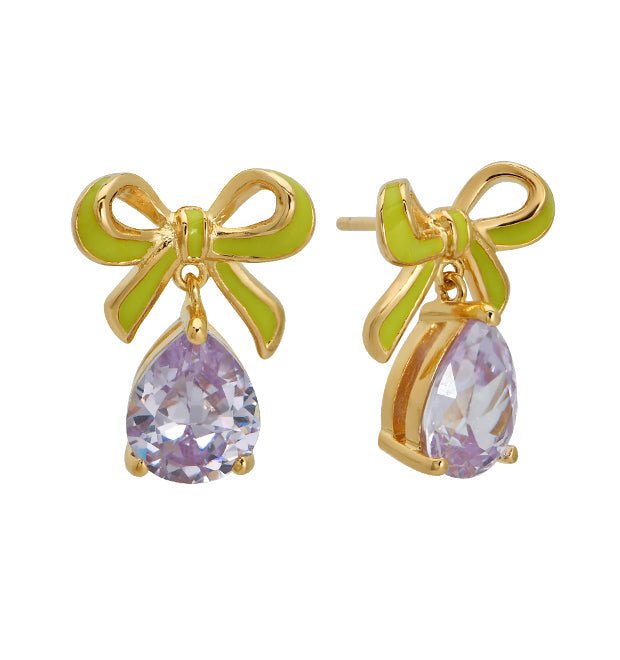 Amelia Bow Studs Lime Enamel, Lilac CZ Teardrop Gold - Samuel Perry