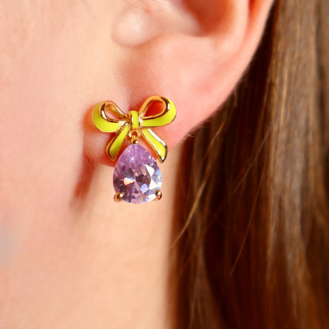 Amelia Bow Studs Lime Enamel, Lilac CZ Teardrop Gold - Samuel Perry