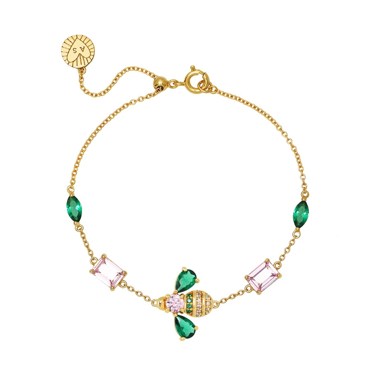 Beatrice Jewelled Bee Chain Bracelet Blush Pink, Emerald Green and Gold - Samuel Perry
