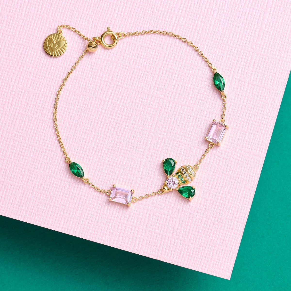 Beatrice Jewelled Bee Chain Bracelet Blush Pink, Emerald Green and Gold - Samuel Perry