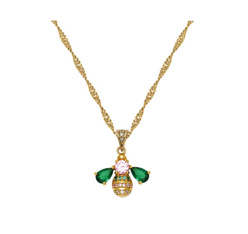 Beatrice Jewelled Bee Necklace Blush Pink, Emerald Green and Gold - Samuel Perry
